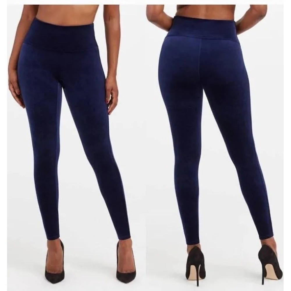 Spanx Velvet Leggings Large Navy Blue High Waisted Tummy Control Slimming 2070